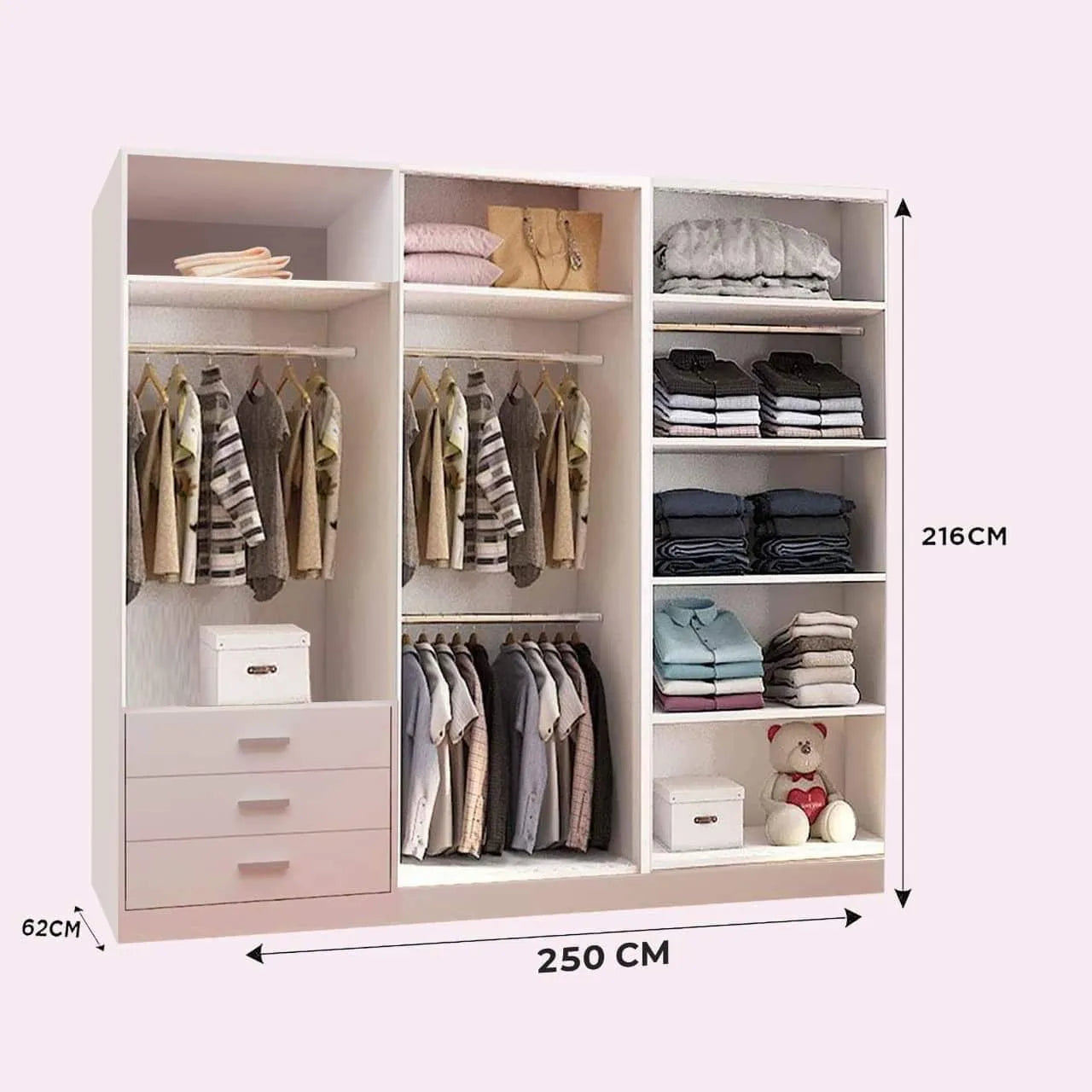 Vision Sliding Door Wardrobe 250 cm Size | White, Black, Grey & Oak Colors