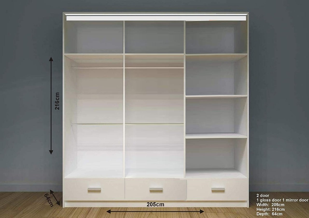 Sydney High Gloss Sliding Door Wardrobe | White, Black, Grey & Oak Colors | Multiple Sizes Available