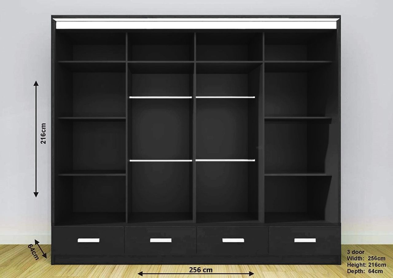 Sycylia High glow Sliding Door Wardrobe in Grey, White & Black Colors | Multiple Sizes Available