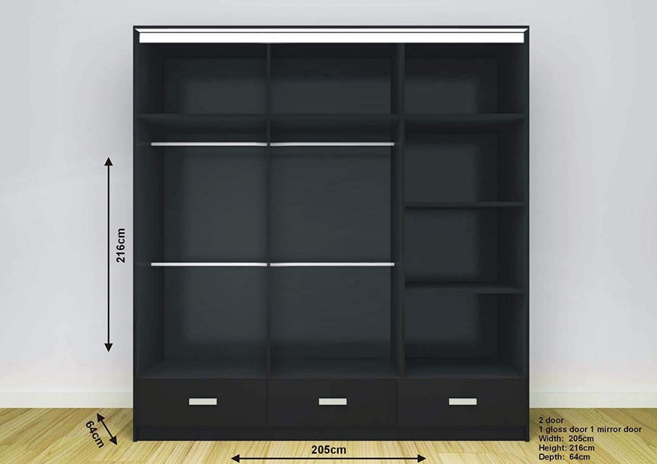 Sydney High Gloss Sliding Door Wardrobe | White, Black, Grey & Oak Colors | Multiple Sizes Available