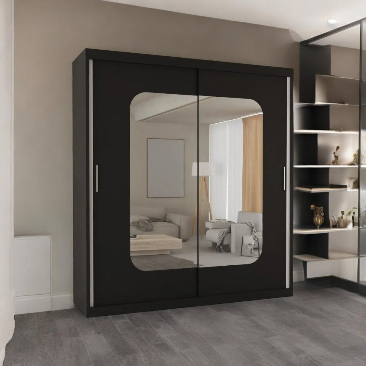 Marika Sliding Door wardrobe in Black, White, Grey & Oak colors | 120, 150, 180, 203 cm sizes