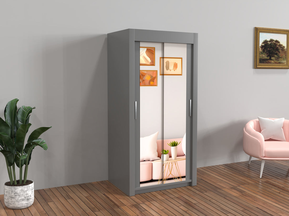 Gray wardrobe with sliding glass doors in a room with a pink sofa and plant.