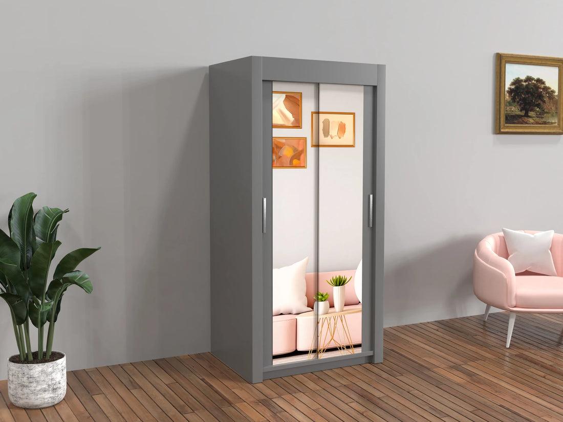 Gray wardrobe with sliding glass doors in a room with a pink sofa and plant.