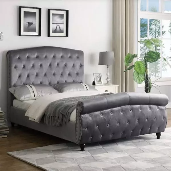 ROCHELLES GREY SLEIGH BED