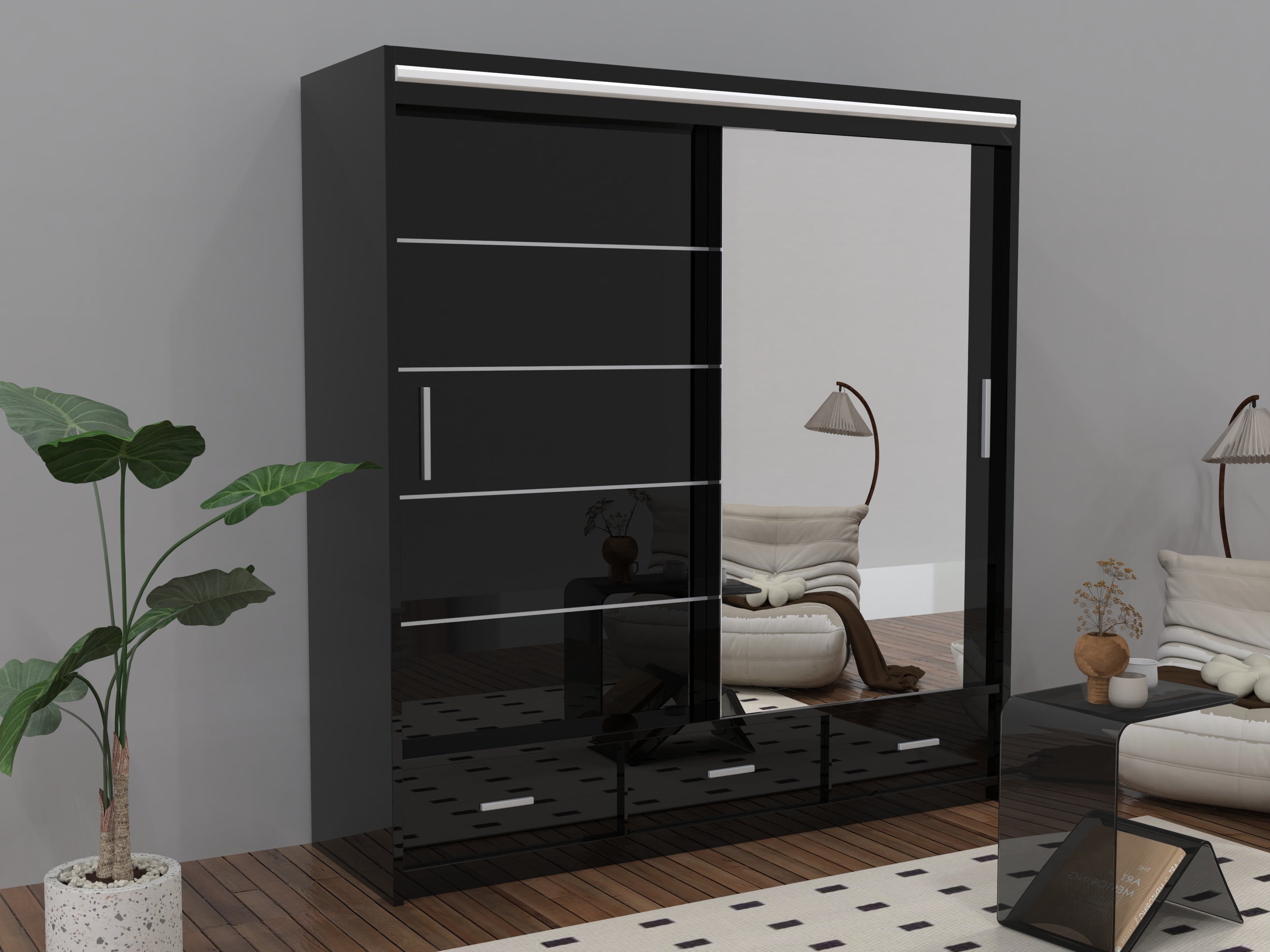 Sycylia High glow Sliding Door Wardrobe in Grey, White & Black Colors | Multiple Sizes Available