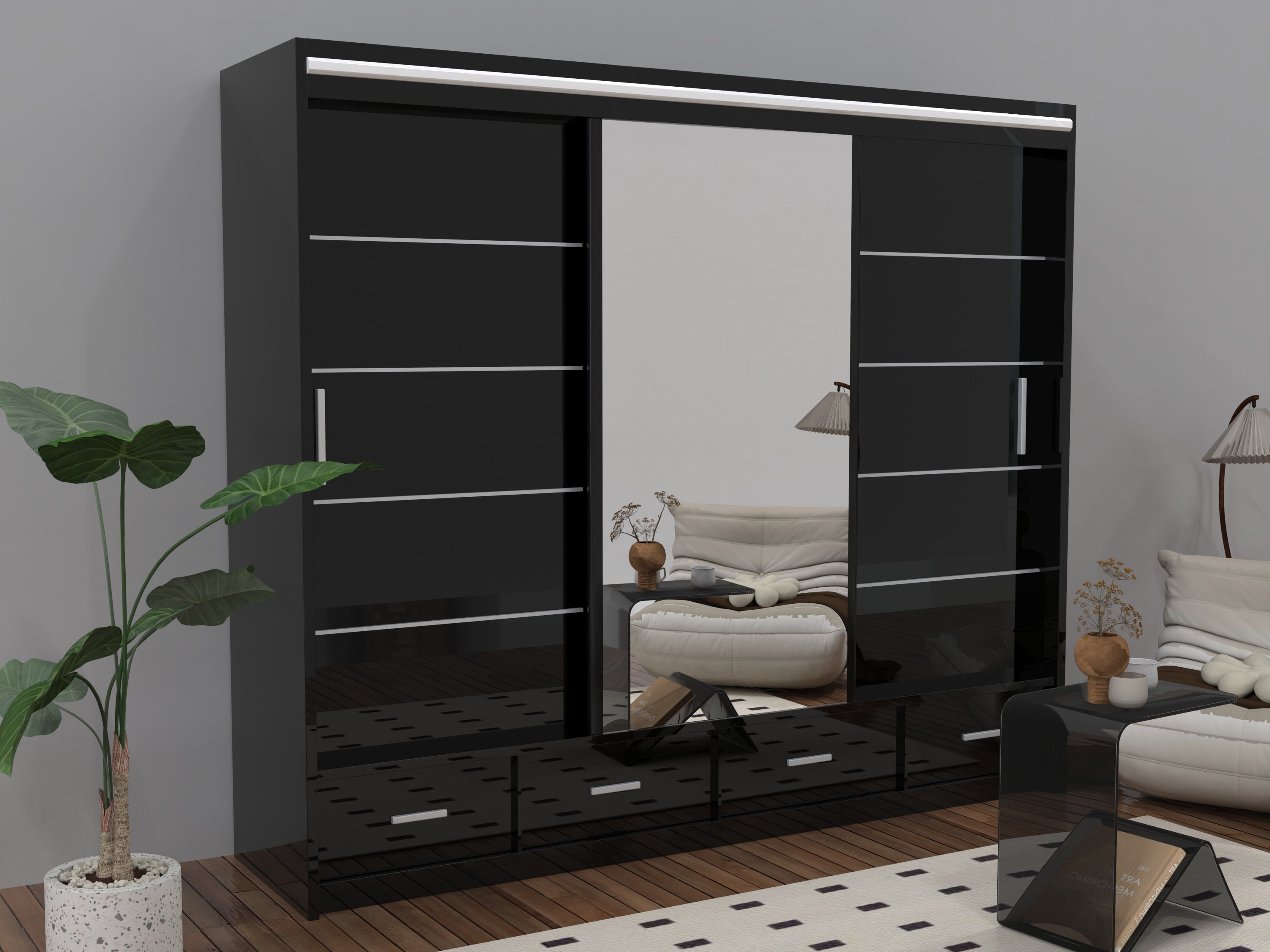 Sycylia High glow Sliding Door Wardrobe in Grey, White & Black Colors | Multiple Sizes Available