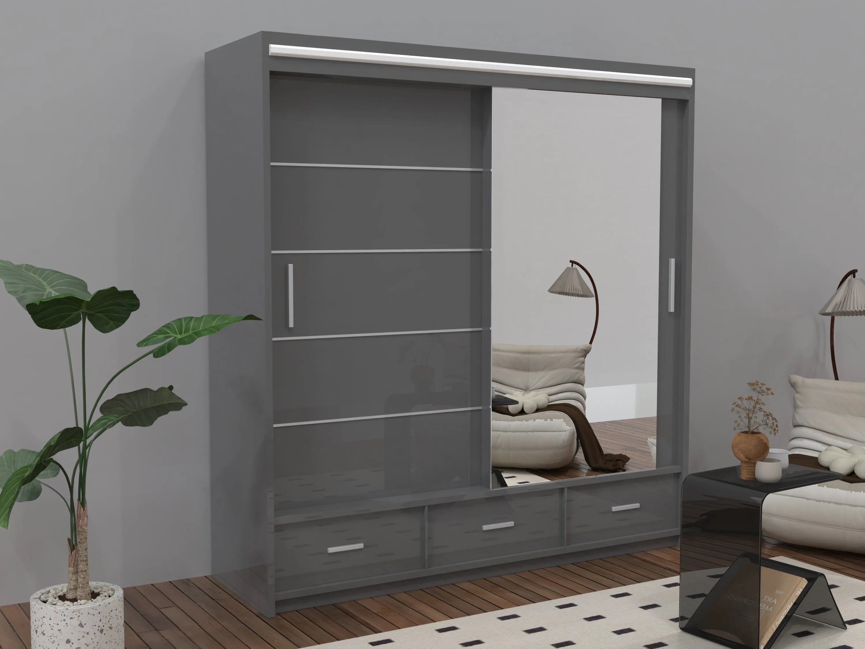 Sycylia High glow Sliding Door Wardrobe in Grey, White & Black Colors | Multiple Sizes Available