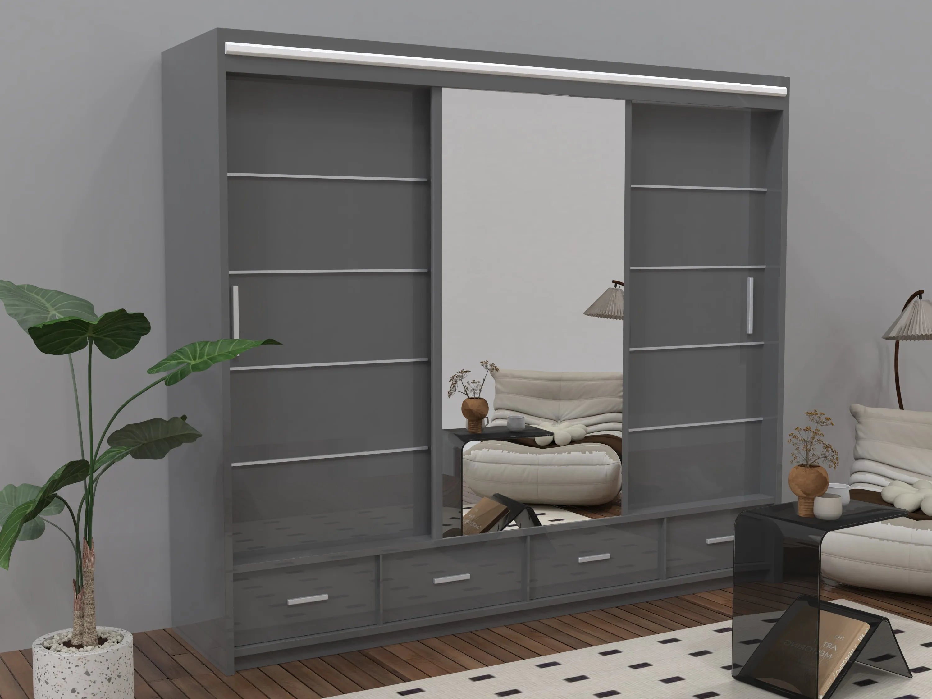 Sycylia High glow Sliding Door Wardrobe in Grey, White & Black Colors | Multiple Sizes Available