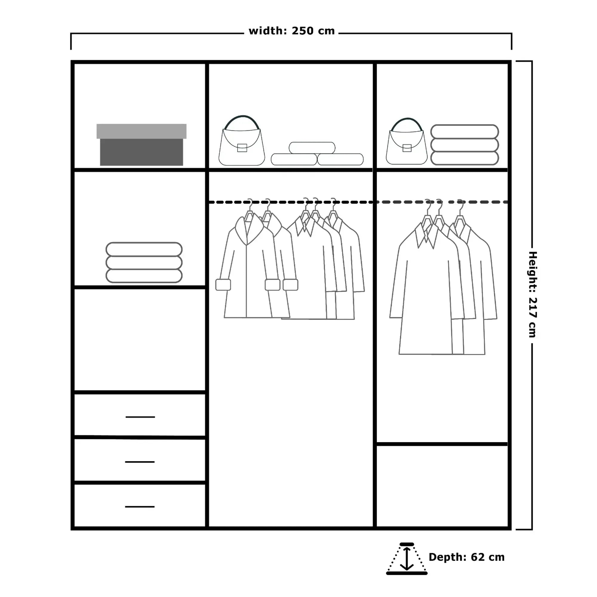 Vision Sliding Door Wardrobe 250 cm Size | White, Black, Grey & Oak Colors