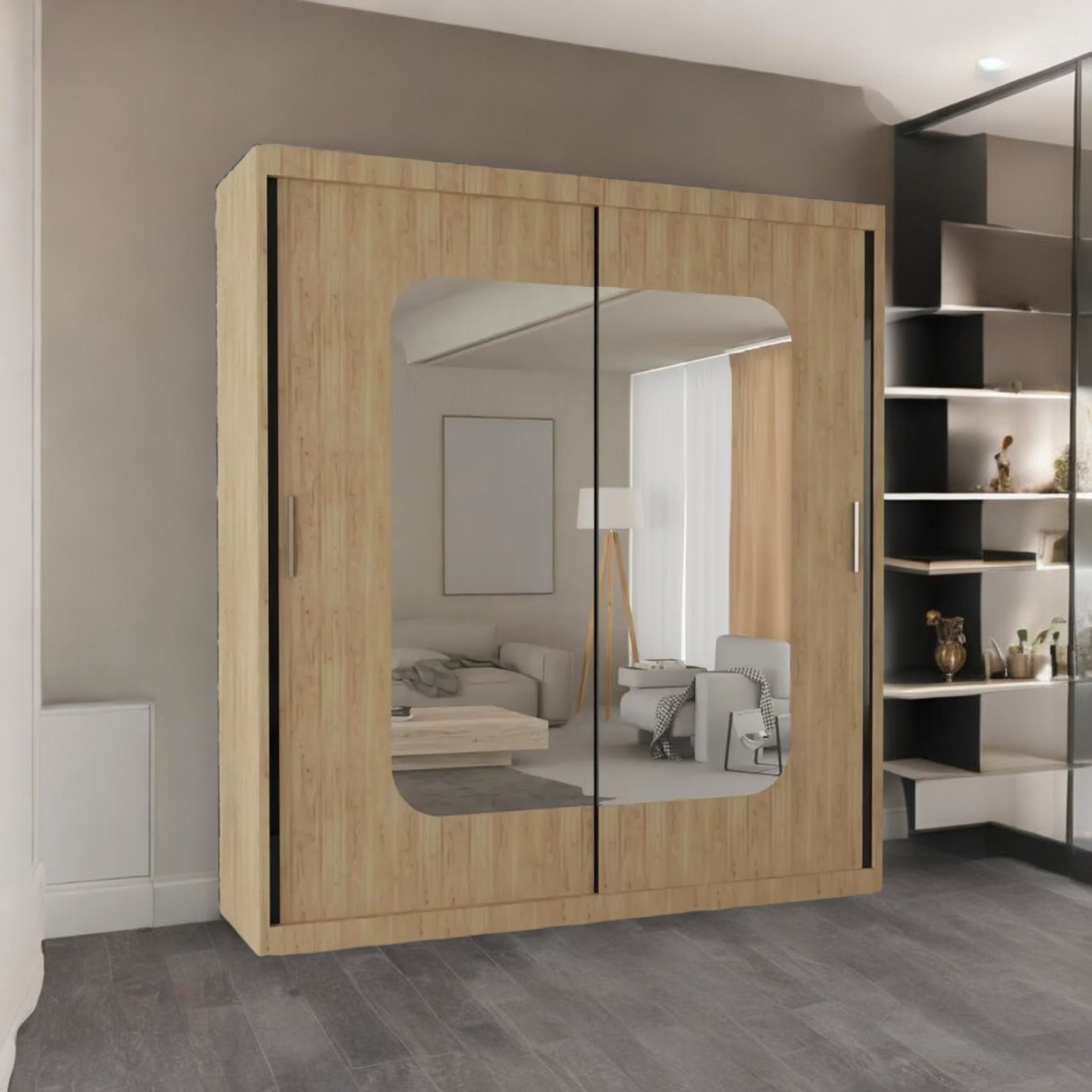 Marika Sliding Door wardrobe in Black, White, Grey & Oak colors | 120, 150, 180, 203 cm sizes