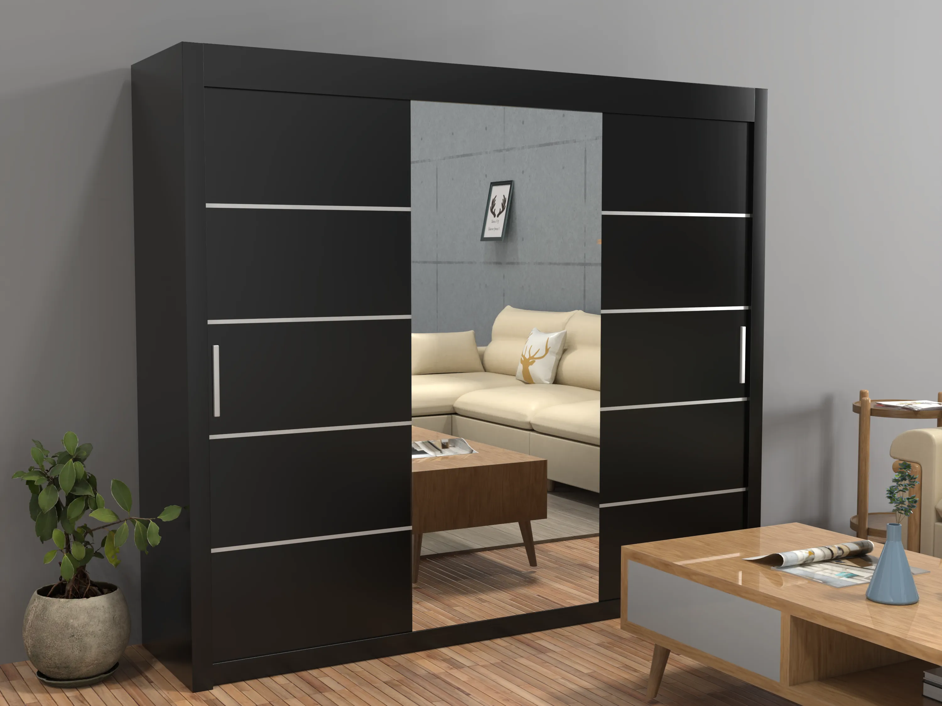 Vision Sliding Door Wardrobe 250 cm Size | White, Black, Grey & Oak Colors