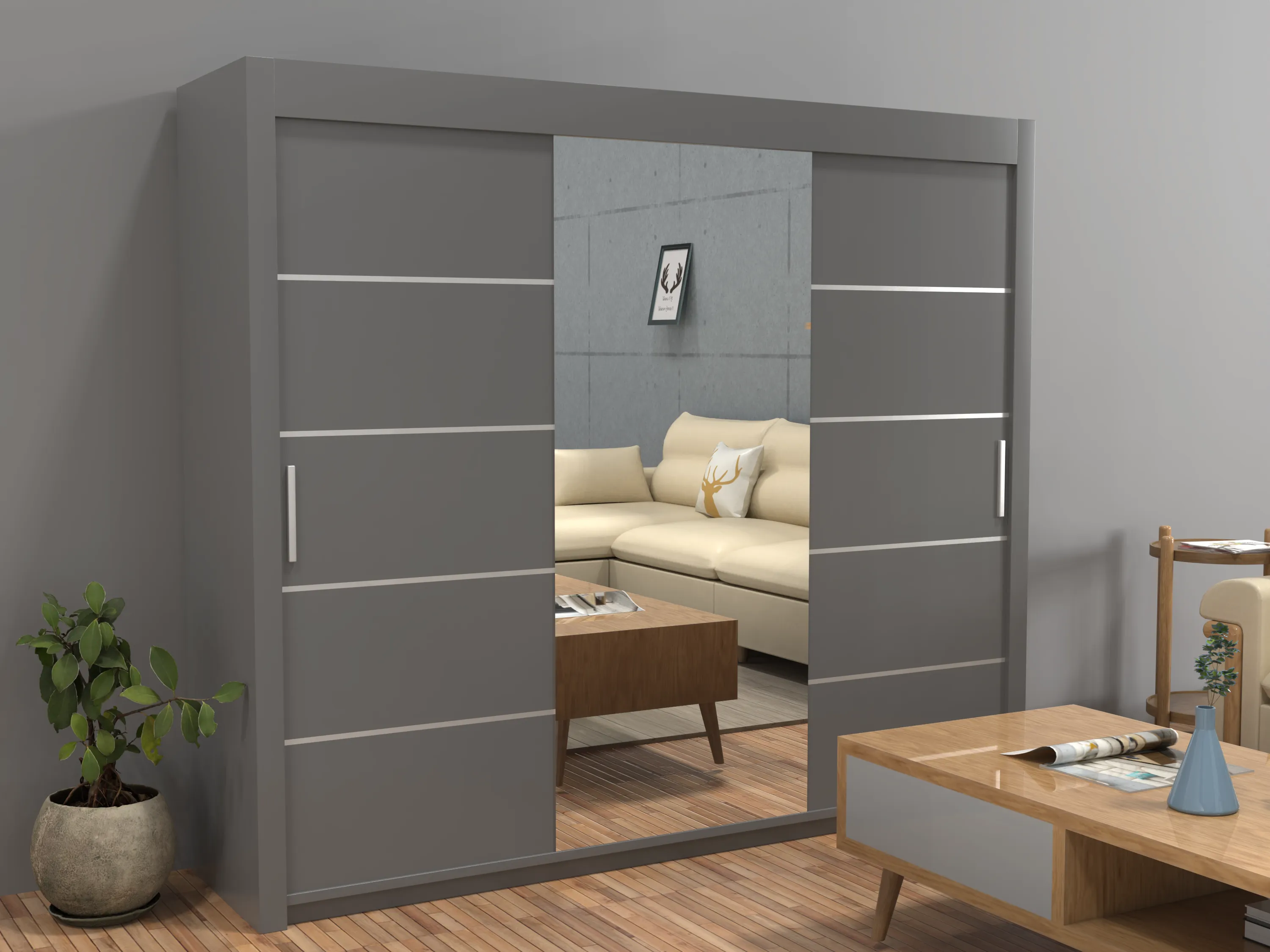 Vision Sliding Door Wardrobe 250 cm Size | White, Black, Grey & Oak Colors