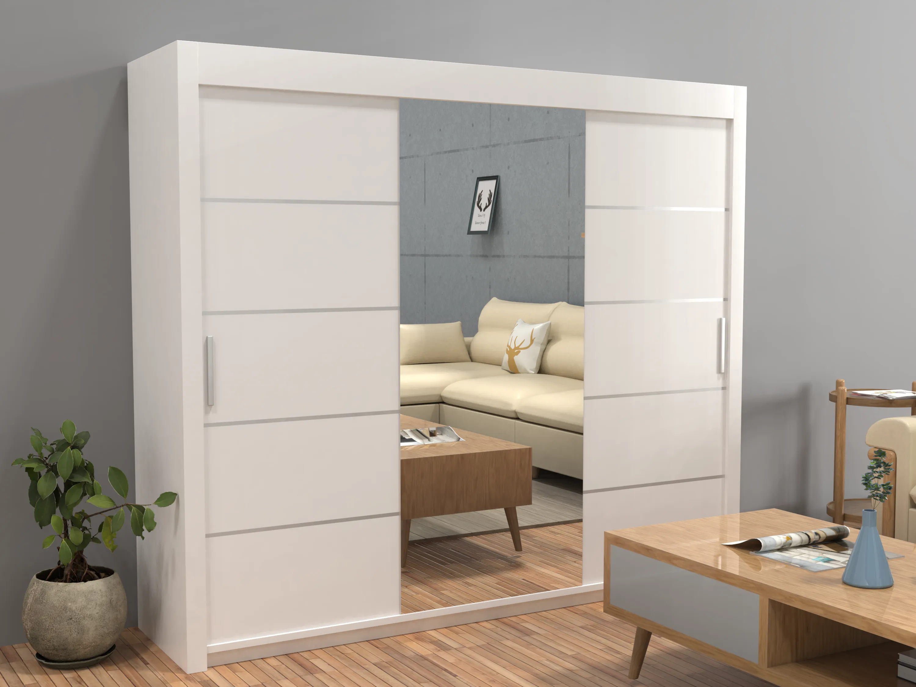 Vision Sliding Door Wardrobe 250 cm Size | White, Black, Grey & Oak Colors